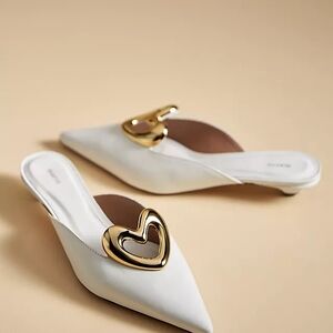 Anthropologie White and Gold Mules with Heart Detail